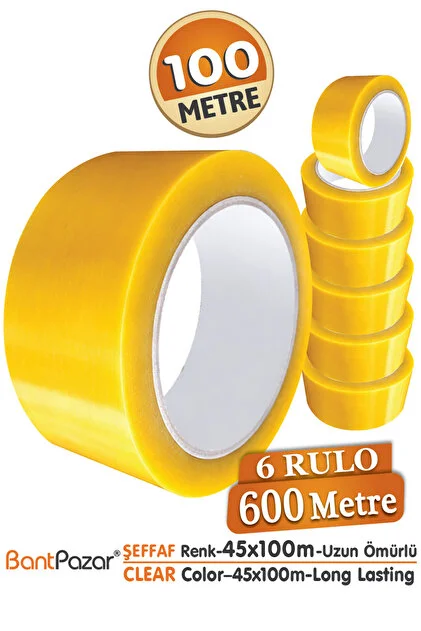 BantPazar Endüstriyel Şeffaf Koli Bandı 45 mm x 100 m (6 Rulo Paket / 600m)